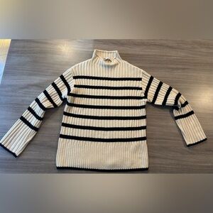 Zara Mock Neck Cream & Black Striped Ribbed Sweater, Size S